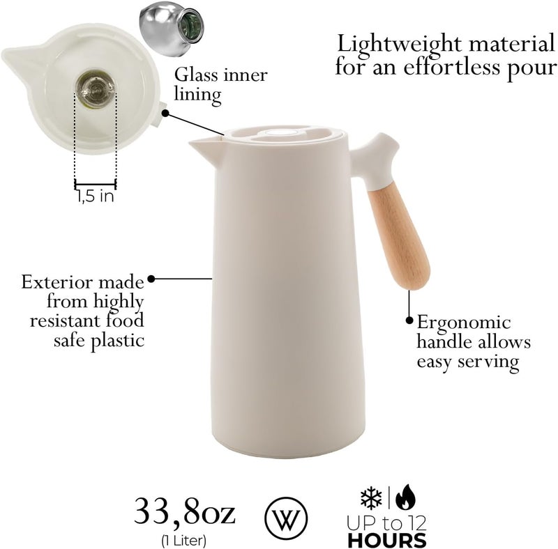 WLFF - White Thermal Coffee Carafe – 34oz / 1L Insulated Carafe - Food-Safe Plastic Exterior and Glass Liner, Wood-Style Handle – Keeps Drinks Hot or Cold, Leakproof Coffee and Tea Dispenser - Image 3